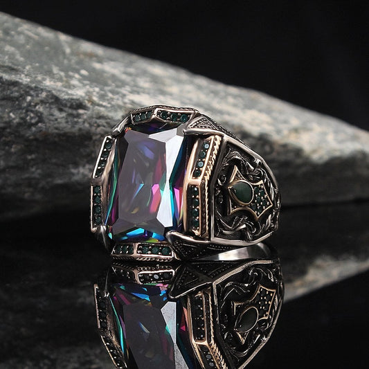 925 Sterling Silver Mystic Topaz Stone Handmade Square Ring