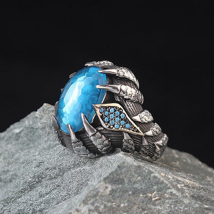 925 Sterling Silver Aqua Marine Zircon Stone Eagle Claw Men Ring