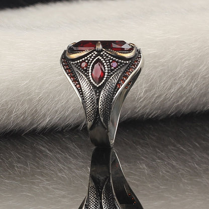 925 Sterling Silver Red Zircon Stone Handmade Men Ring