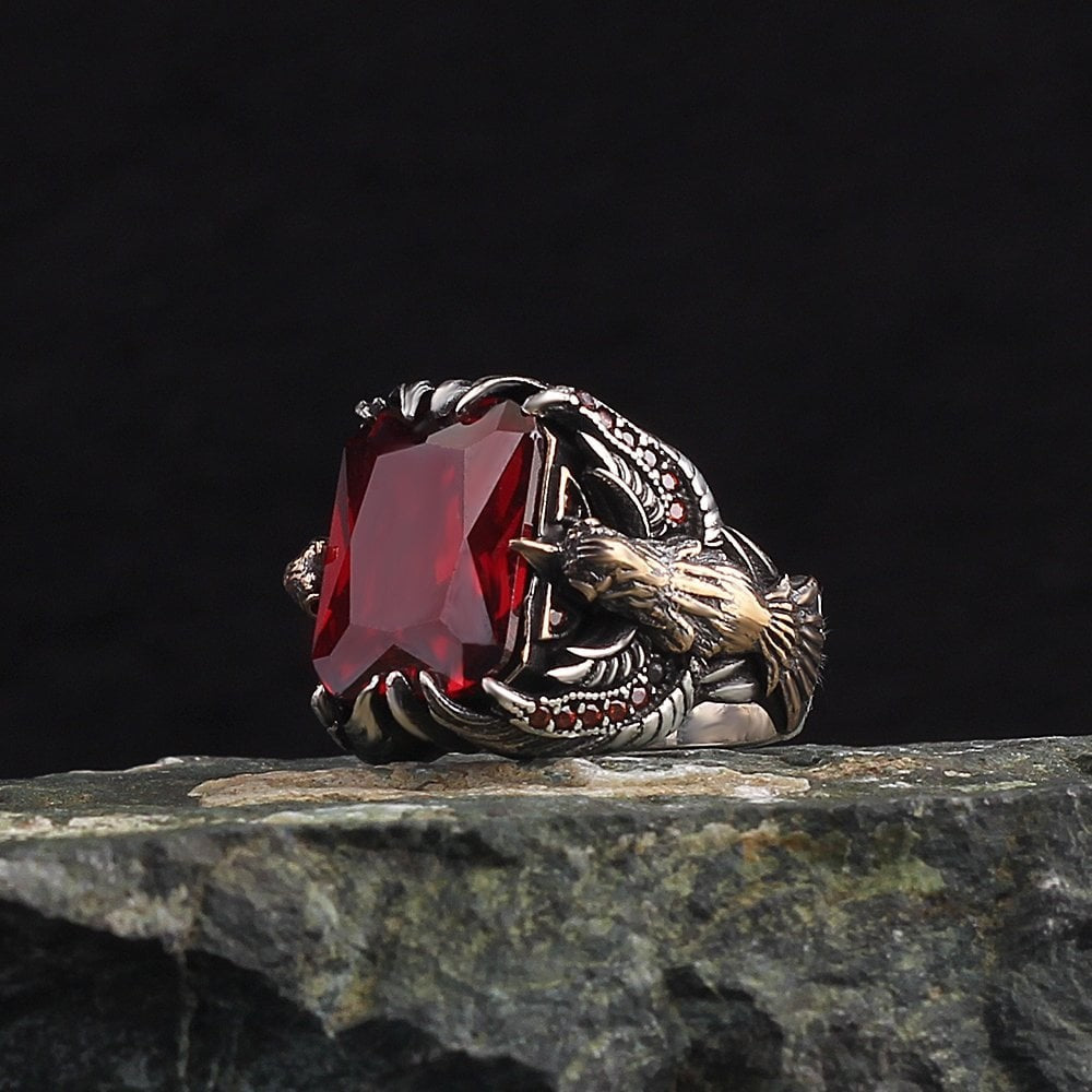 925 Sterling Silver Red Zircon Stone Eagle Square Men Ring