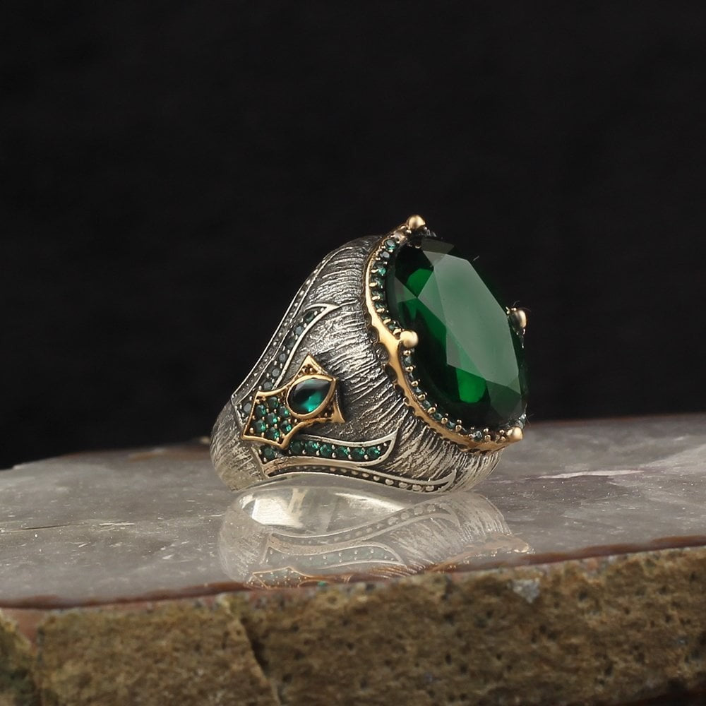 925 Sterling Silver Green Zircon Stone Handmade Men Ring