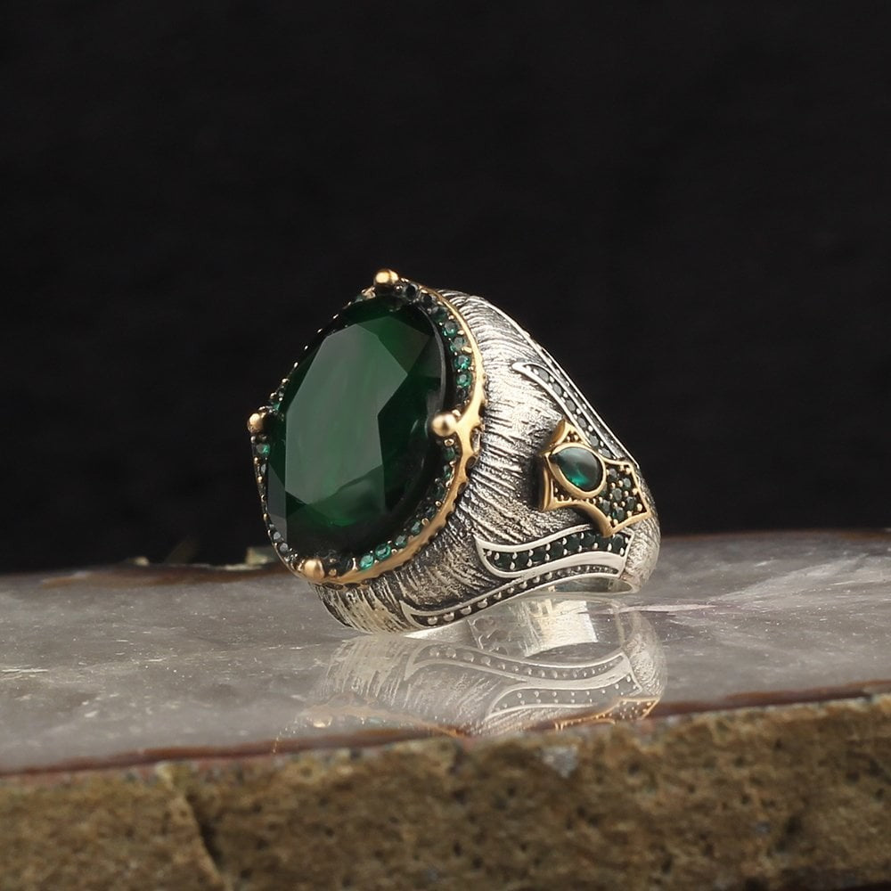 925 Sterling Silver Green Zircon Stone Handmade Men Ring