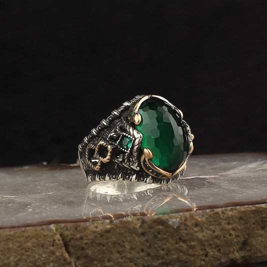 925 Sterling Silver Green Zircon Stone Handmade Men Ring