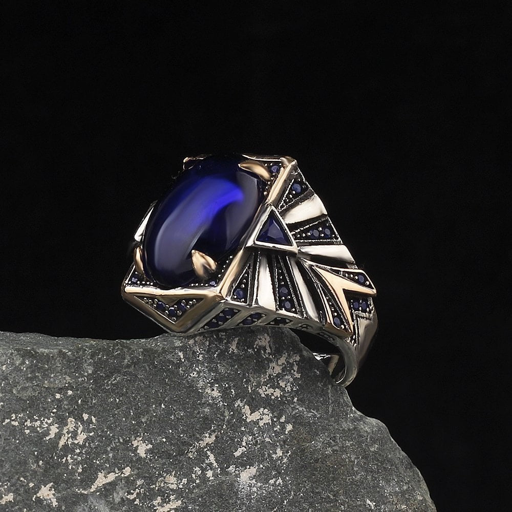 925 Sterling Silver Blue Aqeeq Stone Handmade Square Men Ring