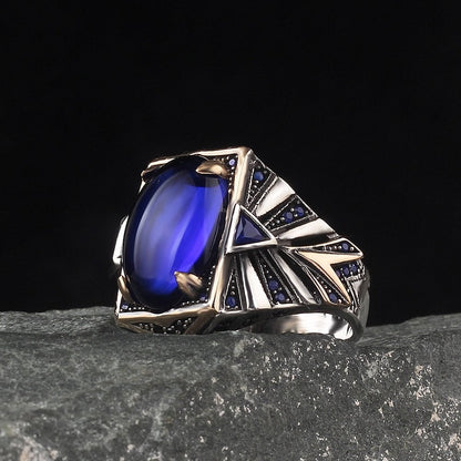 925 Sterling Silver Blue Aqeeq Stone Handmade Square Men Ring