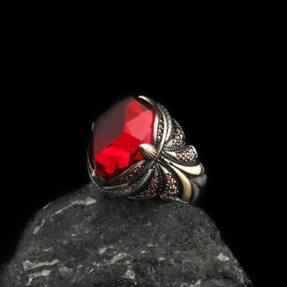 925 Sterling Silver Red Zircon Stone Handmade Men Ring