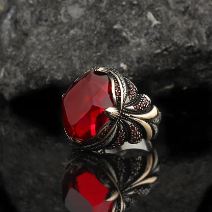 925 Sterling Silver Red Zircon Stone Handmade Men Ring