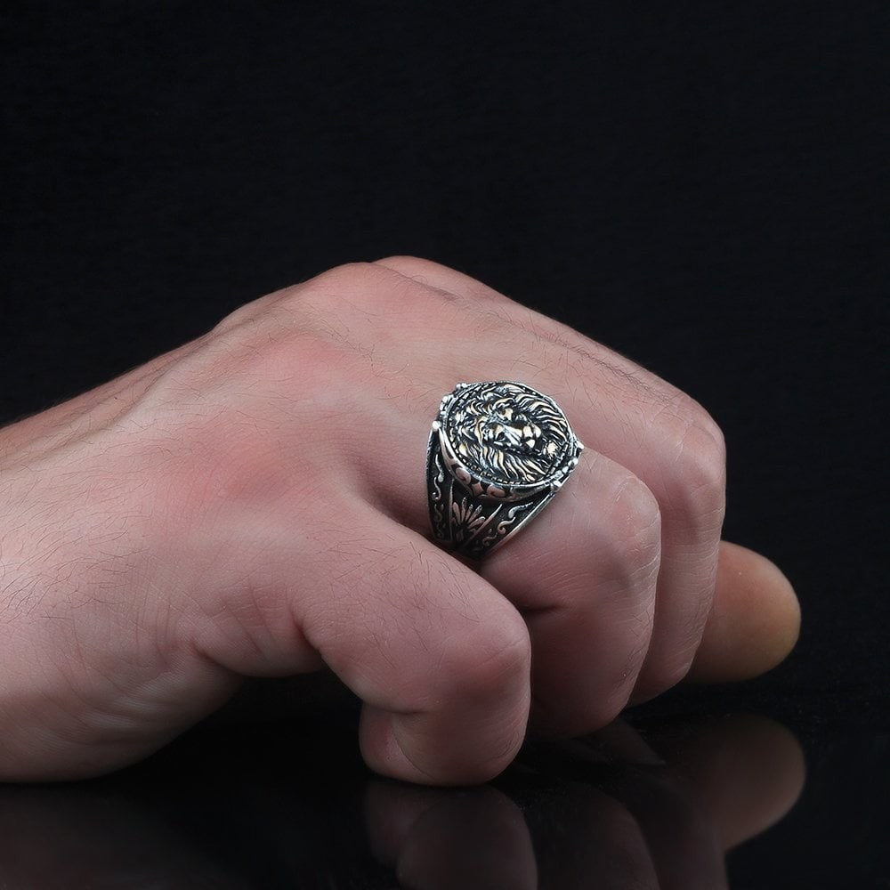 925 Sterling Silver Lion Head Handmade Traditional Motif Men Ring