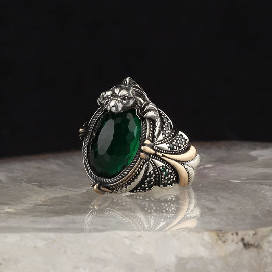 925 Sterling Silver Green Zircon Stone Lion Head  Handmade Men Ring