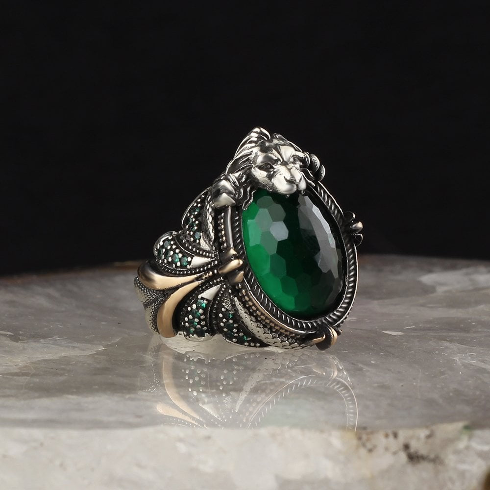 925 Sterling Silver Green Zircon Stone Lion Head  Handmade Men Ring