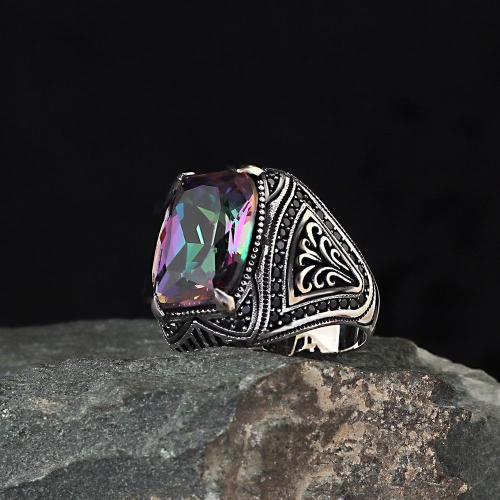 925 Sterling Silver Mystic Topaz Stone Handmade Square Ring