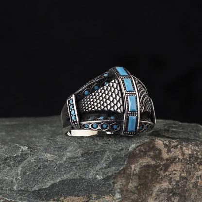 925 Sterling Silver Blue Zircon Stone Handmade Men Ring