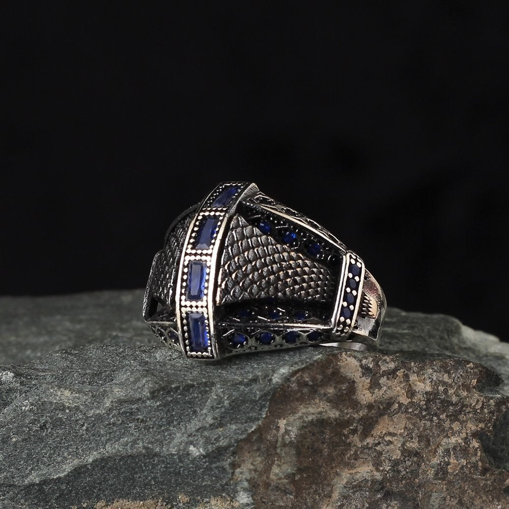 925 Sterling Silver Blue Zircon Stone Handmade Men Ring