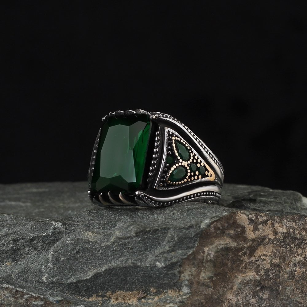 925 Sterling Silver Aqua Marine Stone Traditional Square Men Ring