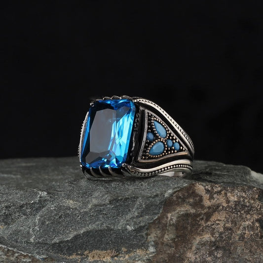 925 Sterling Silver Aqua Marine Stone Traditional Square Men Ring