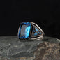 925 Sterling Silver Aqua Marine Stone Traditional Square Men Ring