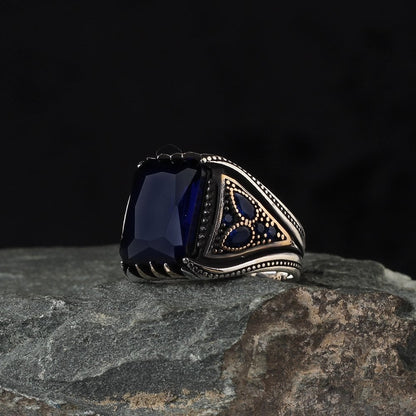 925 Sterling Silver Aqua Marine Stone Traditional Square Men Ring