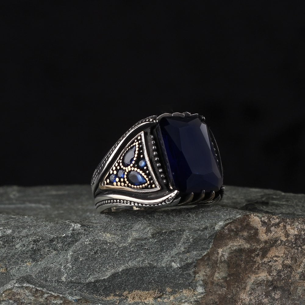 925 Sterling Silver Aqua Marine Stone Traditional Square Men Ring