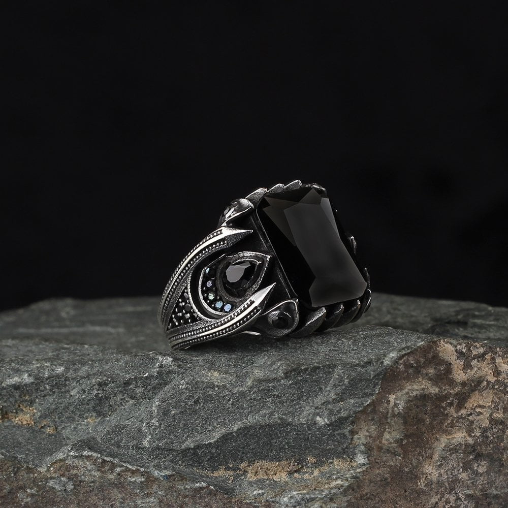 925 Sterling Silver Black Zircon Stone Handmade Men Ring