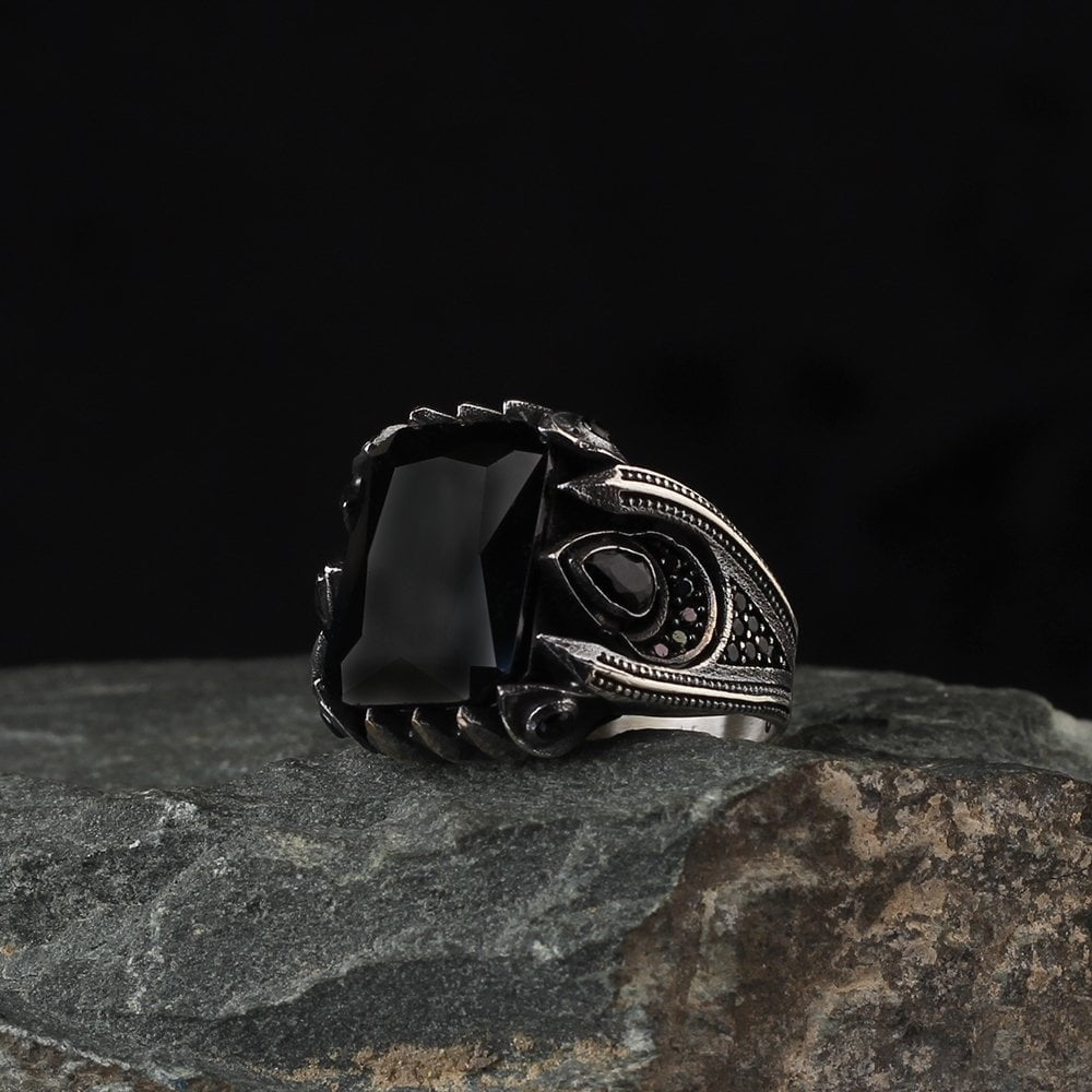 925 Sterling Silver Black Zircon Stone Handmade Men Ring