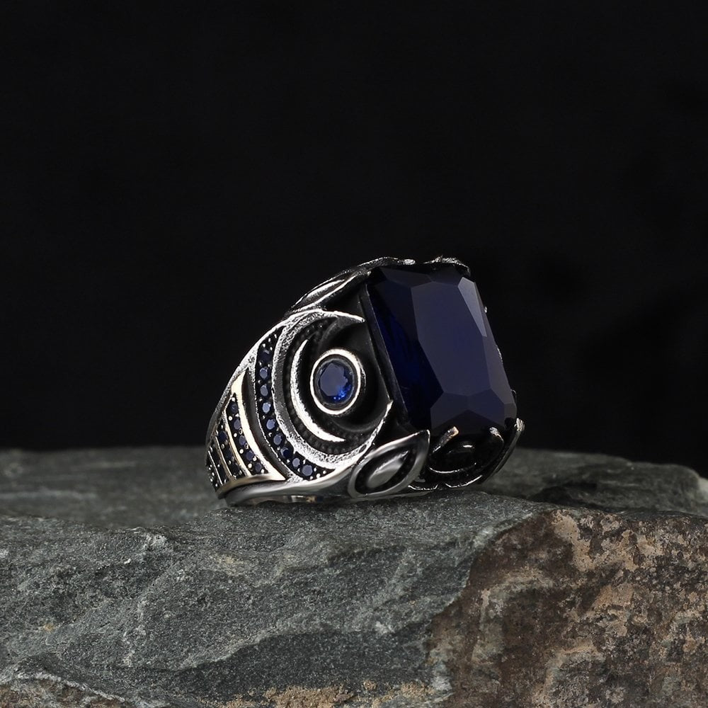 925 Sterling Silver Blue Zircon Stone Pen Workmanship Hanmade Men Ring