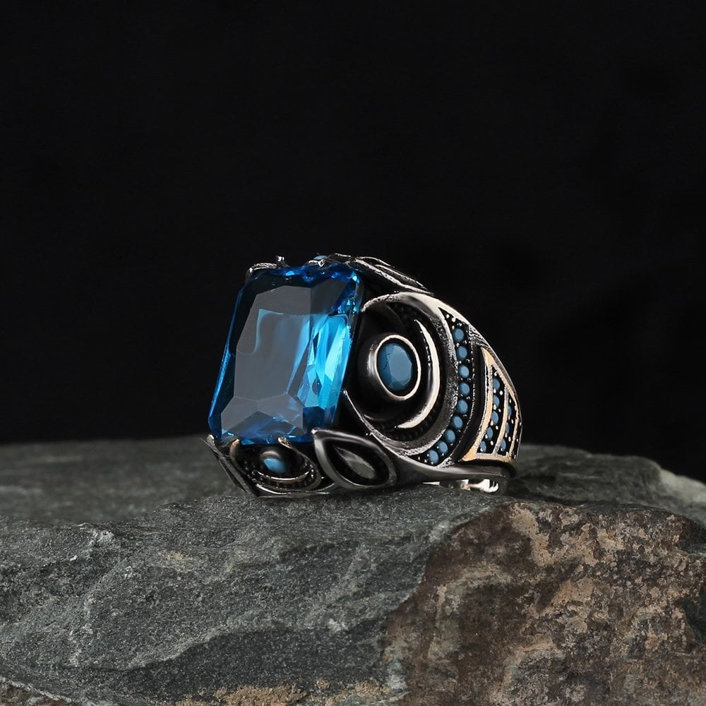 925 Sterling Silver Blue Zircon Stone Pen Workmanship Hanmade Men Ring