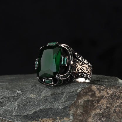 925 Sterling Silver Green Zircon Stone Handmade Men Ring