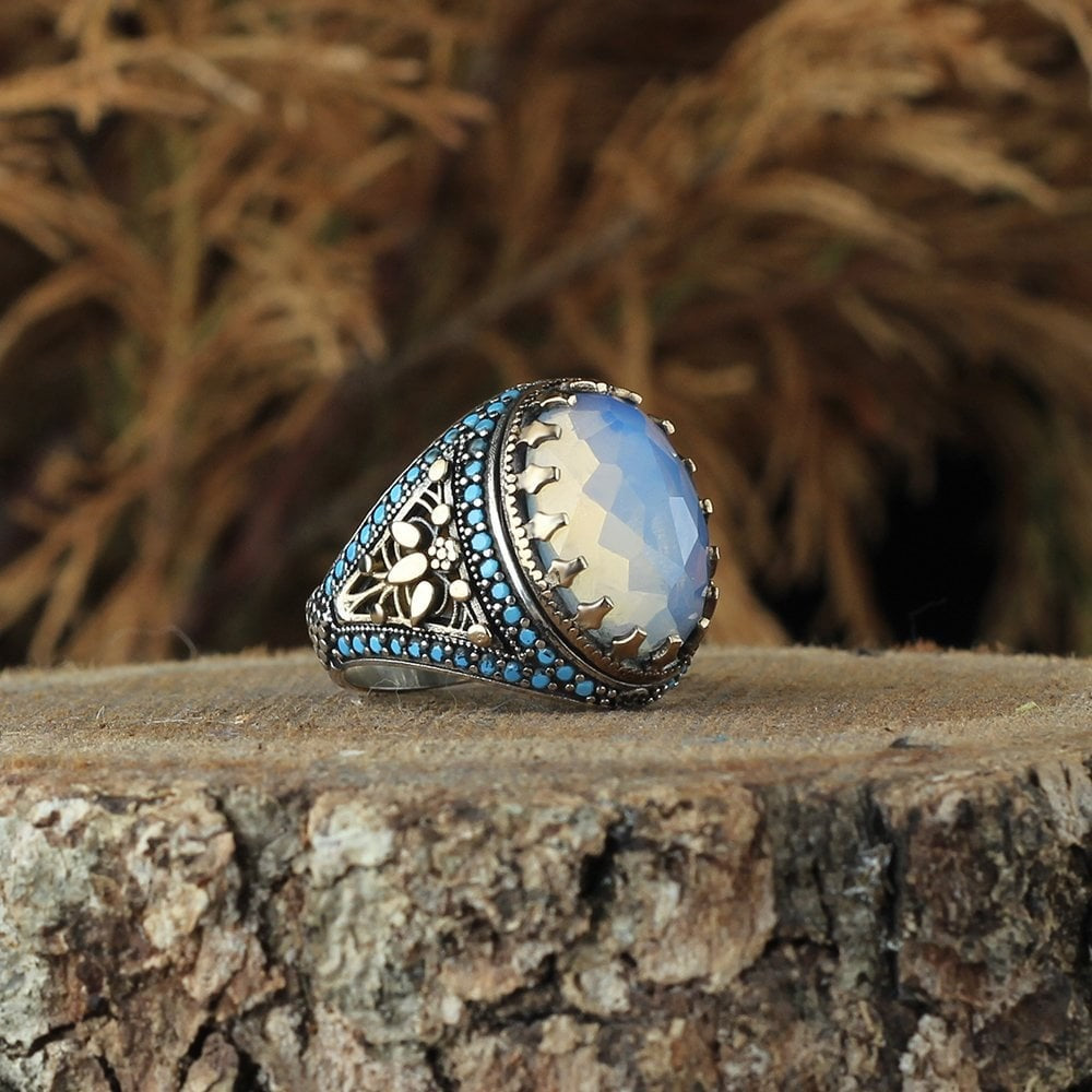 925 Sterling Silver Moon Stone Handmade Men Ring