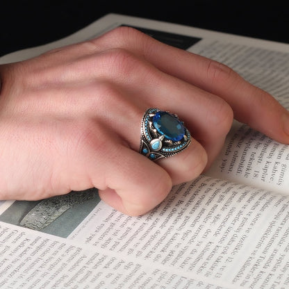 925 Sterling Silver Blue Zircon Stone Tulip Motif Handmade Men Ring