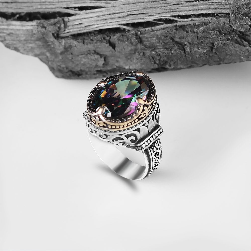 925 Sterling Silver Mystic Topaz Stone Pen Workmanship Men Ring