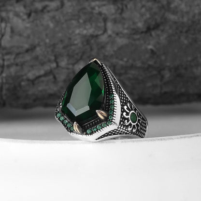 925 Sterling Silver Green Zircon Stone Sunny Handmade Men Ring