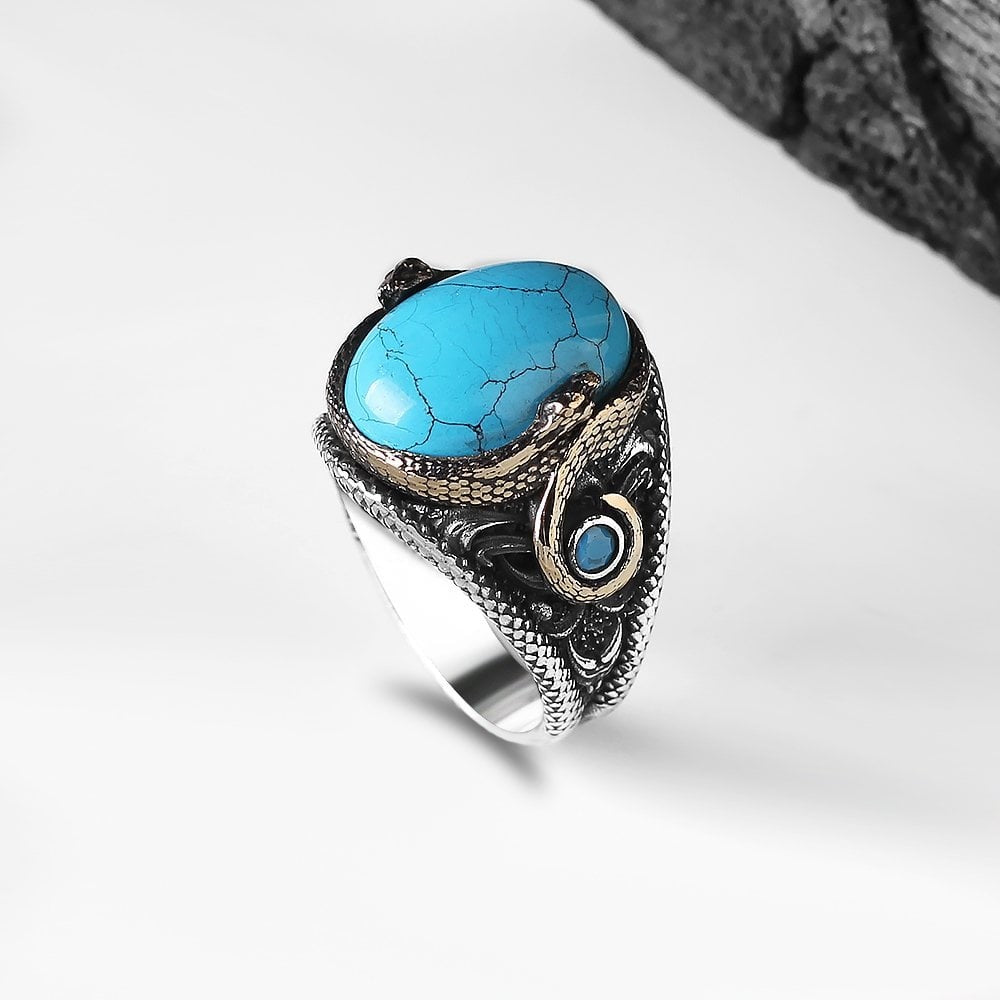 925 Sterling Silver Turquoise Stone Snake Detail Handmade Men Ring