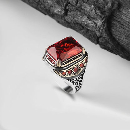 925 Sterling Silver Red Zircon Stone Handmade Square Men Ring