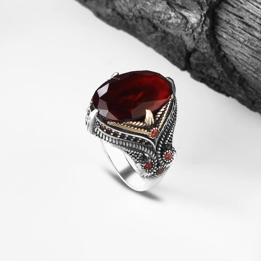 925 Sterling Silver Red Zircon Stone Handmade Claw Setting Men Ring