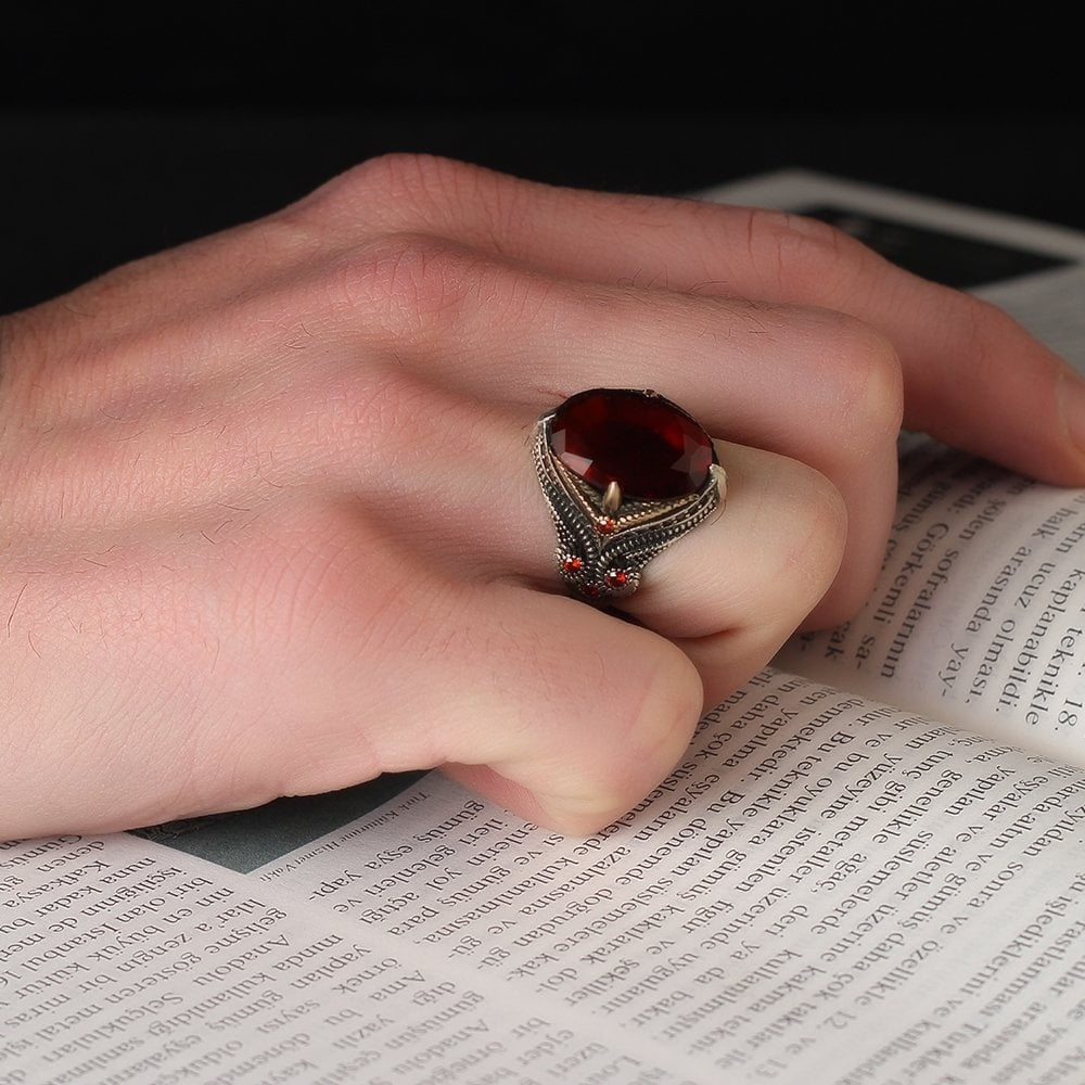 925 Sterling Silver Red Zircon Stone Handmade Claw Setting Men Ring