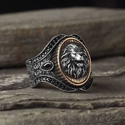 925 Sterling Silver Lion Head Handmade Traditional Motif Men Ring