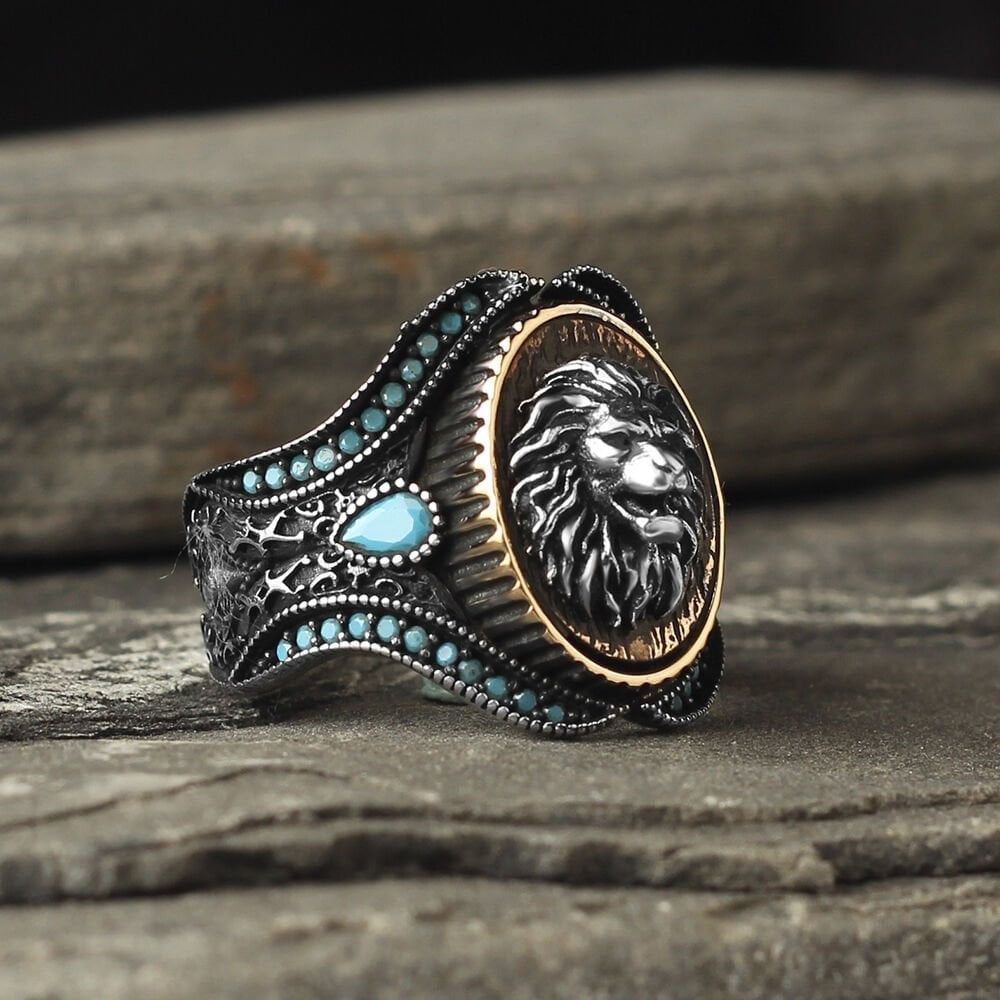 925 Sterling Silver Lion Head Handmade Traditional Motif Men Ring