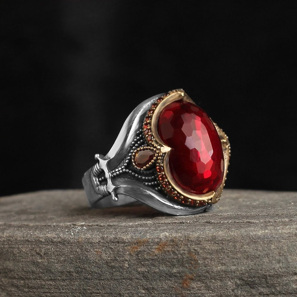 925 Sterling Silver Red Zircon Stone Sword Detail Handmade Men Ring