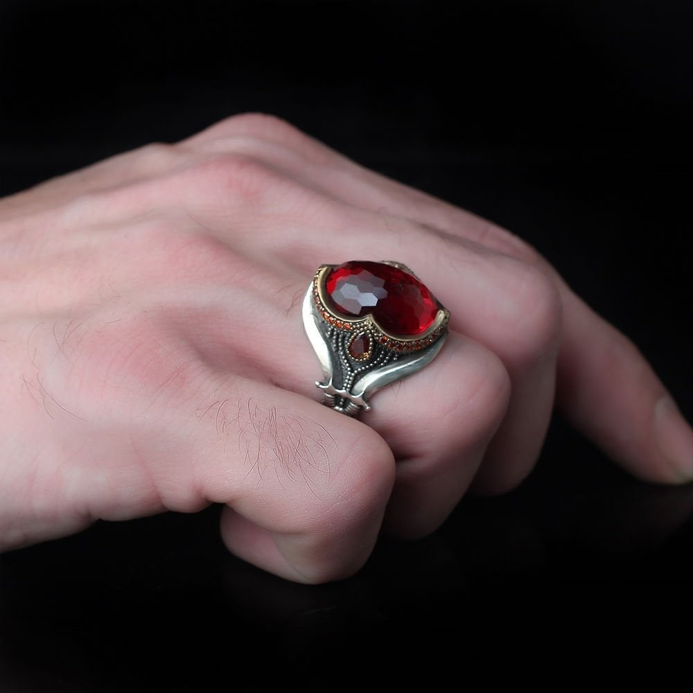 925 Sterling Silver Red Zircon Stone Sword Detail Handmade Men Ring