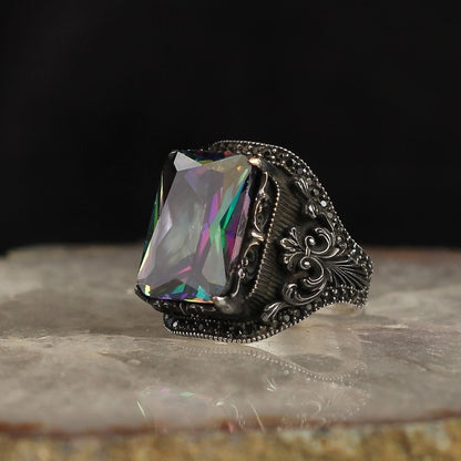 925 Sterling Silver Mystic Topaz Stone Handmade Square Ring