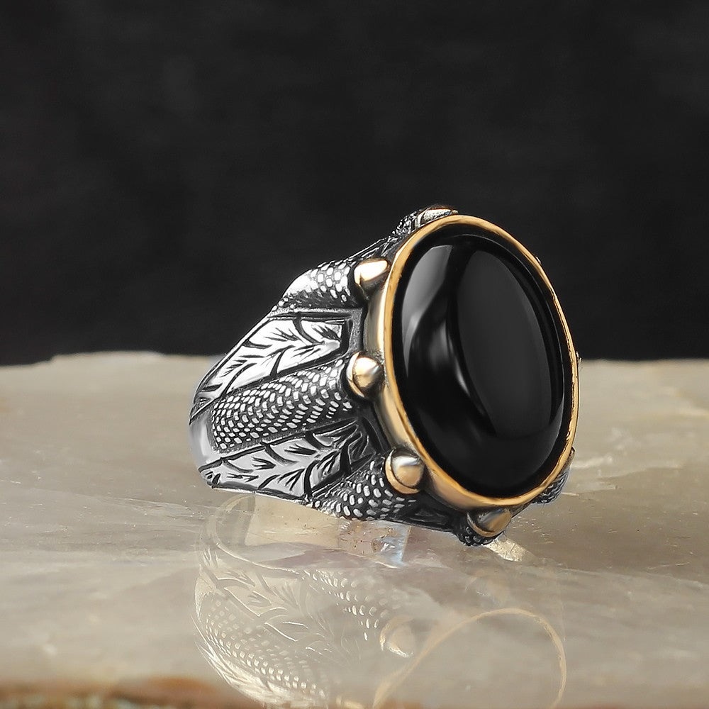 925 Sterling Silver Onyx Oval Stone Eagle Claw Setting Men Ring