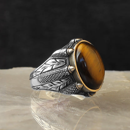 925 Sterling Silver Onyx Oval Stone Eagle Claw Setting Men Ring