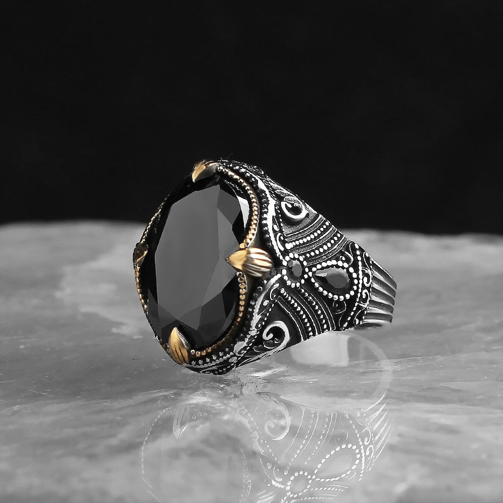 925 Sterling Silver Black Zircon Stone Traditional Men Ring