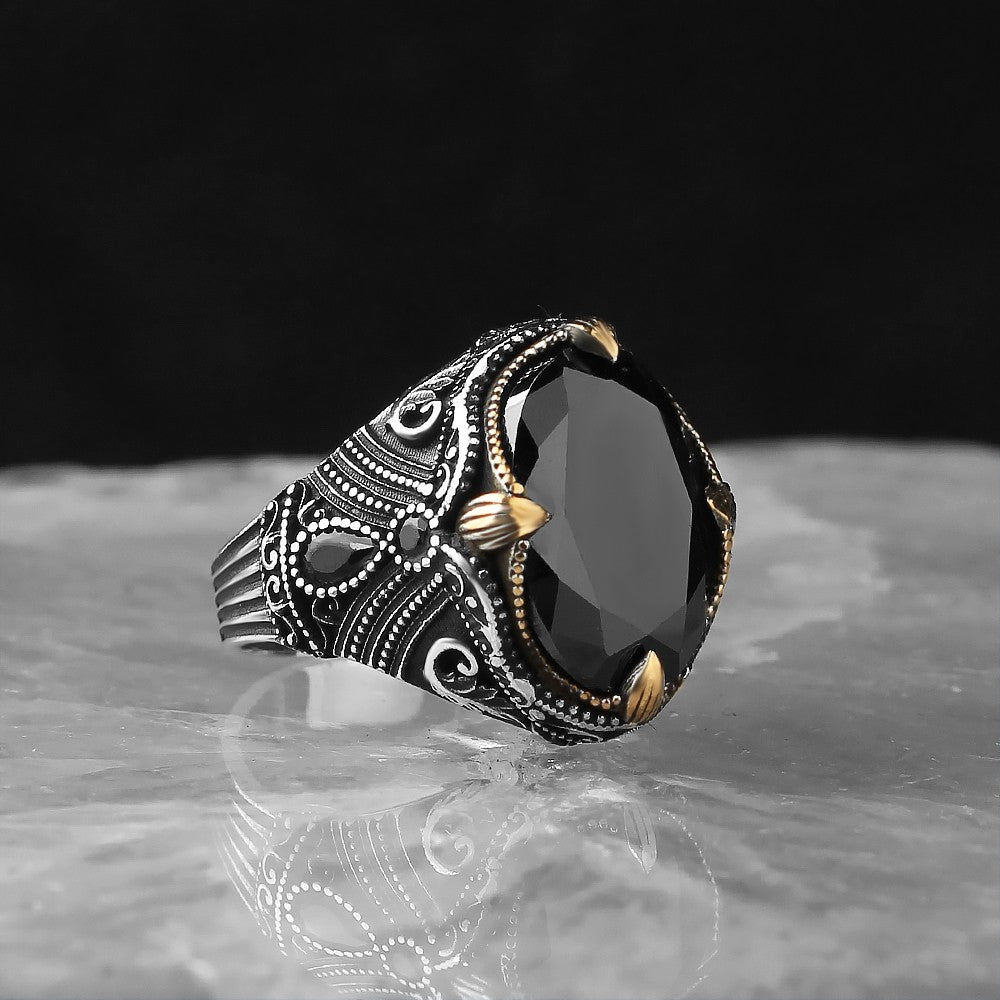 925 Sterling Silver Black Zircon Stone Traditional Men Ring