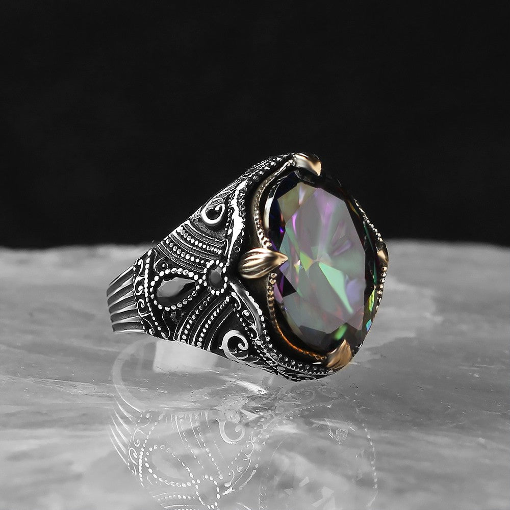 925 Sterling Silver Black Zircon Stone Traditional Men Ring