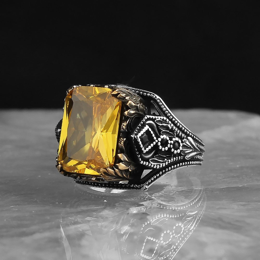 925 Sterling S?lver Citrine Stone Handmade Square Men Ring