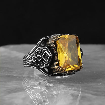 925 Sterling S?lver Citrine Stone Handmade Square Men Ring