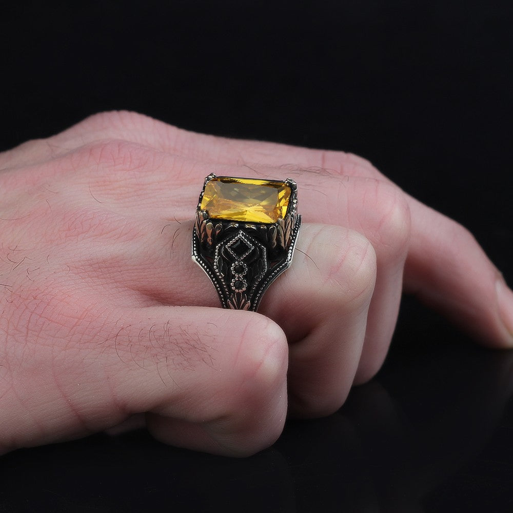 925 Sterling S?lver Citrine Stone Handmade Square Men Ring