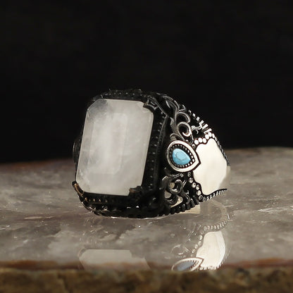 925 Sterling Silver Moon Stone Handmade Square Men Ring