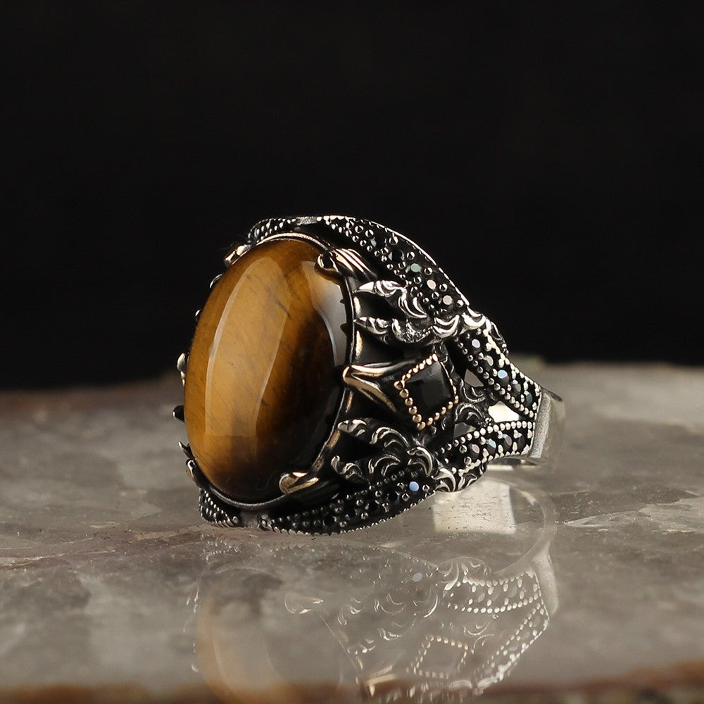 925 Sterling Silver Tiger Eye Pen Workmanship Handmade Men Ring